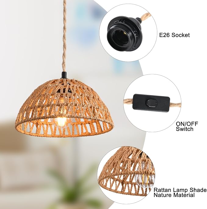 2 Pack Plug in Pendant Light 10.2" Rattan Hanging Lamp with Switch,Hemp Rope Cord Boho Woven Wicker Lampshade Hanging Lights with Plug in Cord Ceiling Light Fixture for Living Room Bedroom Kitchen