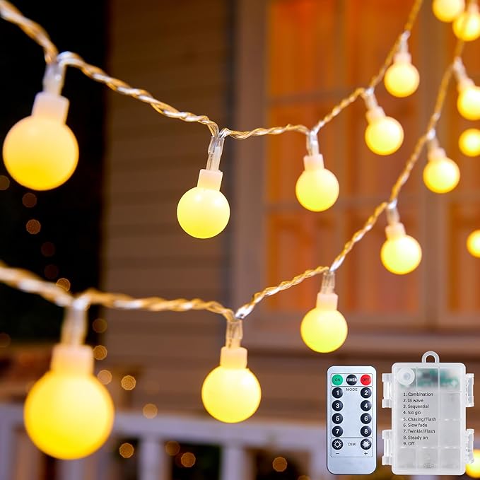 Minetom Battery Operated String Lights, 21FT 60 LED Globe Classroom Lights | Waterproof Twinkle Lights with Remote & 8 Modes for Indoor Outdoor Bedroom Classroom Camping Christmas Decor, Warm White