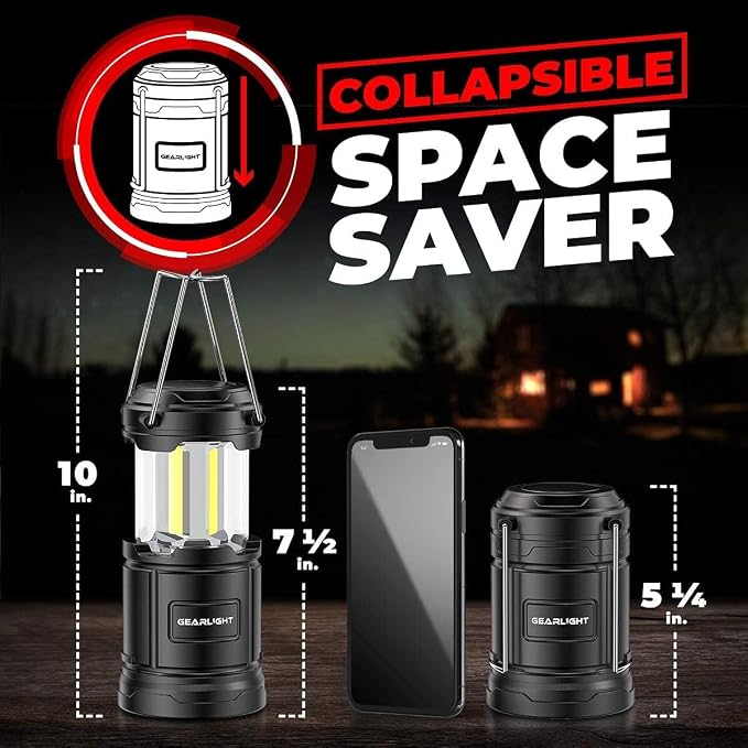 GearLight Rechargeable Camping Lantern - 2 Portable LED Lanterns with Magnetic Base and Foldable Hook for Emergency Use or Campsites, Essential Hurricane Survival Kit - Black