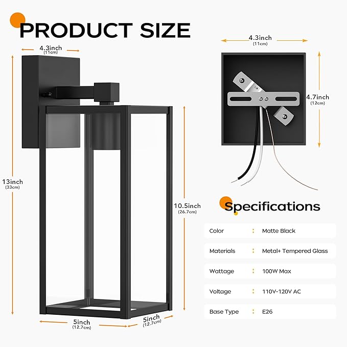 WIHTU 13in Outdoor Porch Light Wall Mount, Exterior Lighting Fixture | Waterproof, Anti-Rust Metal Frame, Tempered Glass, E26 Base, Easy Install, Wall Sconce for Patio, Garage, Entryway, Doorway