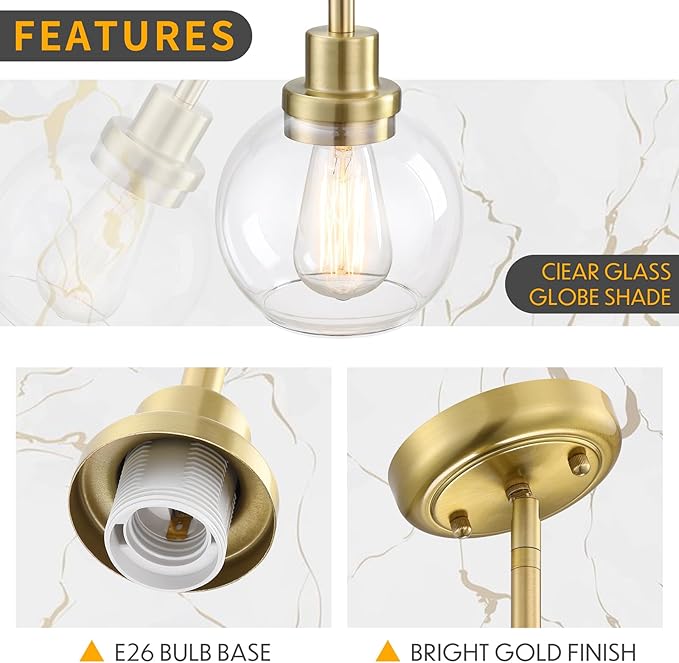 2 Pack Globe Pendant Light Gold Mid Century Modern Light Fixture, Clear Glass Pendant Lights Kitchen Island Pendant Lights Brushed Brass Finished with Clear Glass Lampshade