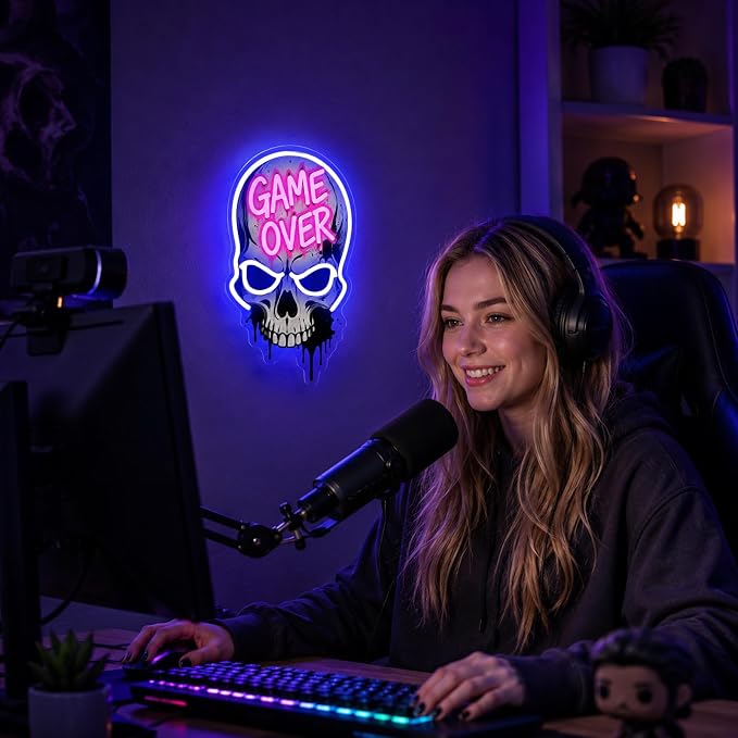 Game Over Skull Neon Sign LED Neon Light USB Dimmable Gaming Room Decor