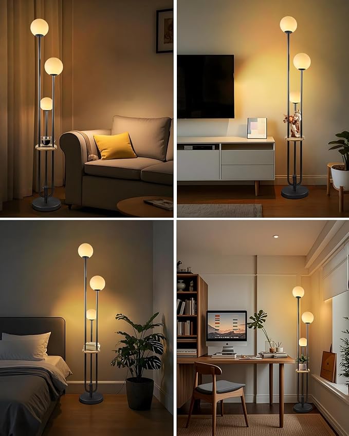Lightdot Full Dimmable Floor Lamp for Living Room 3-Globe Standing Lamp with Table Candle Holder Style Black Tall Lamps for Bedroom/Sofa Beside/Corner Decor with 3000K Soft Warmwhite Bulbs Included