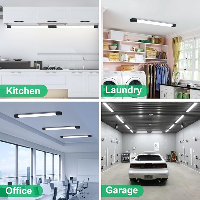 Plug in Ceiling Light 4FT 2PCS, Linkable LED Garage Ceiling Light Fixtures 5000K, Bright Lightweight Overhead Light with Cord for Workbench Basement Kitchen Bedroom Factory, Black, 36W
