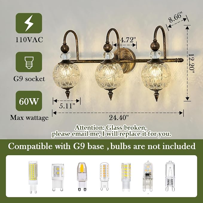 Piepooye Vintage Bathroom Light Fixtures Bronze Vanity Light with Glass Globe LampShade 3 Lights Mid Century G9 Bulb Wall Sconce Indoor Vanity Light Over Mirror for Bedroom Farmhouse Hallway