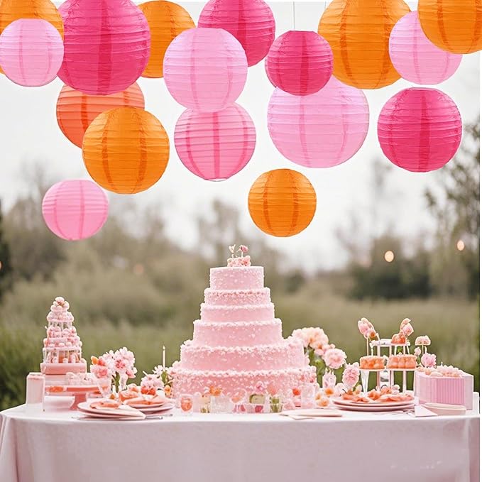 Hot Pink Orange Party Decorations,12pcs Paper Lanterns for Birthday Baby Shower Wedding Party Decorations(Hot Pink,Pink,Orange)