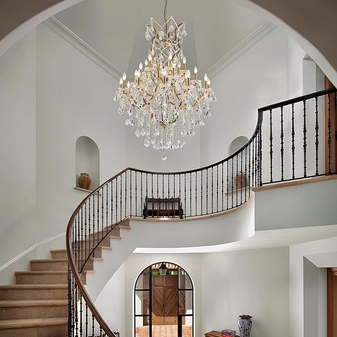 24 Lights Large Crystal Chandeliers for High Ceilings Brass Maria Theresa Chandelier Modern Chandelier Light Fixture for Foyer Living Room Hallway Entryway Staircase 55.1" H x 39.4" D