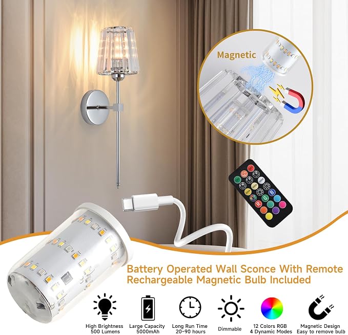 Battery Operated Crystal Wall Sconce Set of 2, Chrome Wireless Wall Sconce with USB Rechargeable LED Light Bulbs 12 Colors Dimmable Crystal Wall Lamp with Remote for Bedroom Living Room Bulbs Included
