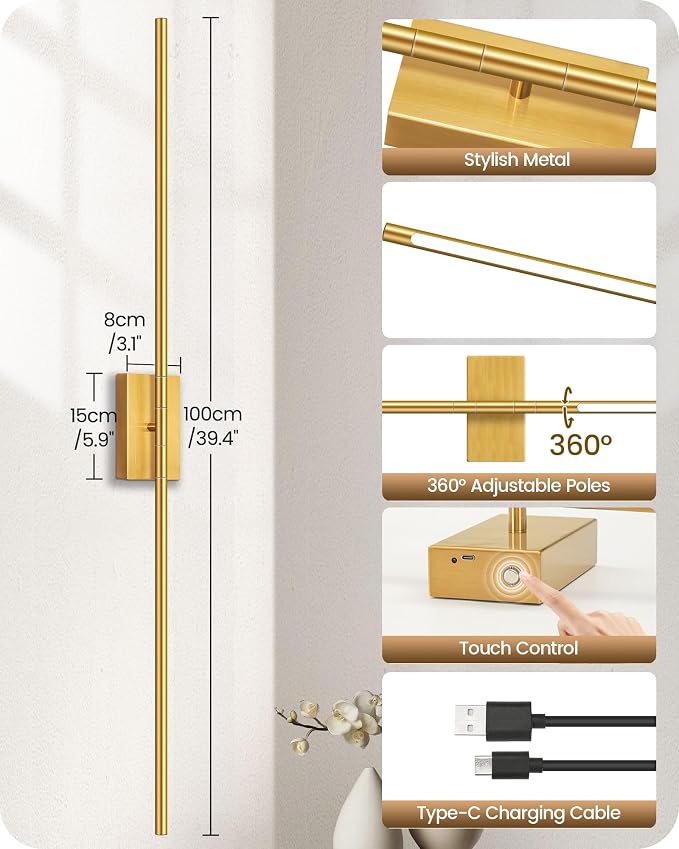 39.4" Wireless Battery Operated Wall Sconces Set of 2, Modern Rechargeable Lamp with Remote, 360° Rotation, 10000mAh, Touch Dimmable Lights for Bedroom, Living Room, Hallway, Gold D07YBP205