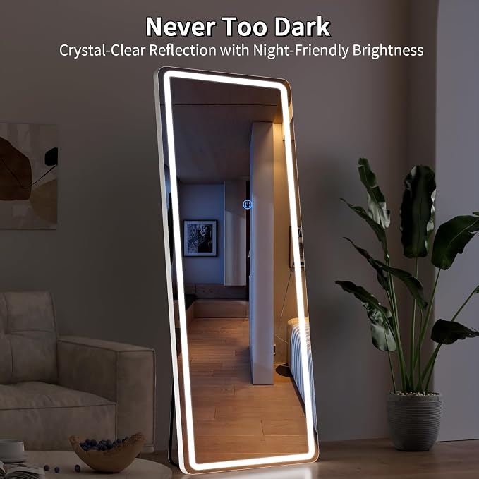 Koonmi Full Length Mirror with LED Lights, 68"x26" Lighted Mirror with Dimming & 3 Color Lighting, Big Mirror for Bedroom, Dressing Room, Rectangle,White