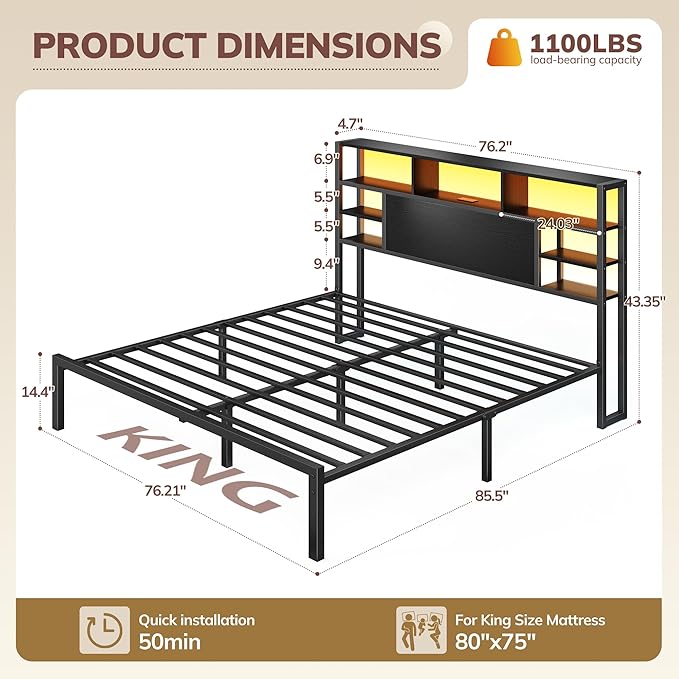 Homkdom King Bed Frame with Storage Headboard and Charging Station, Black | LED Lights,12.2" Under-Bed Storage,Supports up to 1100 LBS,No Box Spring Needed,Noise-Free,Easy Assembly