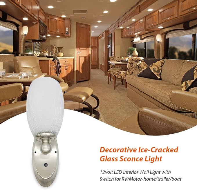 LED 12volt DC Glass Wall Lights | for RV, Trailer, 5th Wheel, Boat, Glass Wall Sconce Light Fixture for Interior Decor Lighting-with on/off Switch, warm white