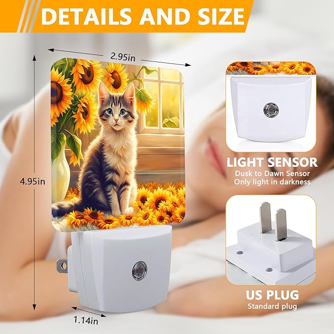 Cute Cat Sunflower Night Light, Plug-into Nightlight White LED Lamp, Energy Efficient Decor Desk Lamp for Bedroom Hallway Stairs Bathroom
