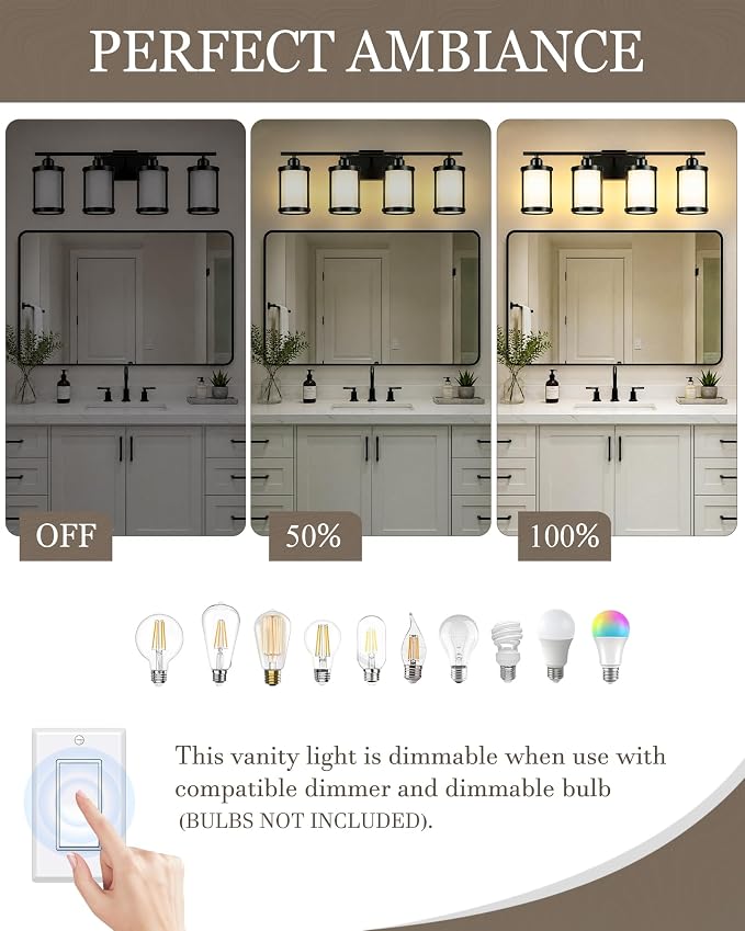 4-Light Black Bathroom Light Fixtures with Milk White Frosted Glass, 29" UL-Listed Modern Wall Sconce Over Mirror with Metal Cage for Bath, Hardwire E26, OS-3014BKW-4W