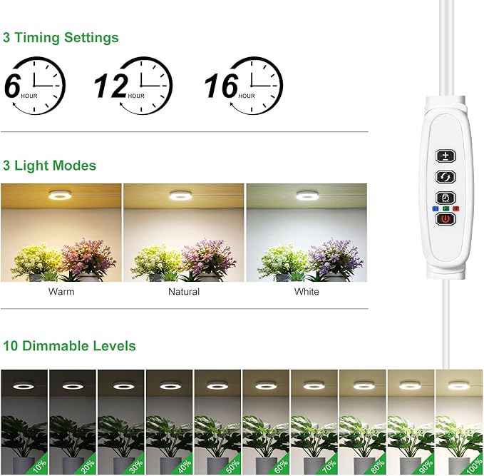 3.54" Ceiling Grow Light for Indoor Plants, Warm&White Full Spectrum Plant Light, Growing Lamp with 6/12/16H Auto Timing, 10 Dimmable Brightness Levels for Small Plants,2Head