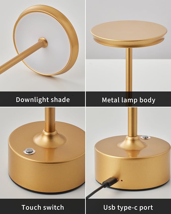 PUSU Rechargeable Table Lamps Set of 2, Gold Cordless Portable Desk Lamp | 4000mAh Battery, Stepless Dimming & 3 Color 2700K-6000K, LED Lamp for Bedroom, Living Room, Restaurant, Outdoor, Night Light