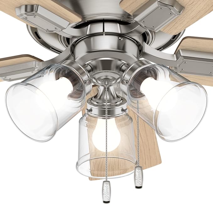 Hunter Crestfield, Indoor, Ceiling Fan, Quiet, 42 inch, Brushed Nickel | with LED Lights and Pull Chain, Low Profile Flush Mount, 5 Blades, For Bedroom, Living Room, Kitchen, 52154