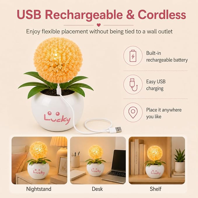 Dandelion LED Night Light,Rechargable Flower Bonsai Desk Lamp with Ceramic Base,Stepless Dimmable & Touch Control Accent Light,Aesthetic Room Decor for Bedroom,Dorm,Gifts for Girls Women (Orange)