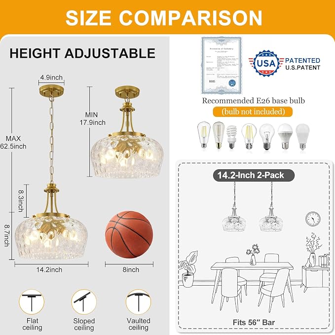 Modern Pendant Lights Kitchen Island, 3-Light Gold Pendant Light Fixtures with 14.2" Clear Hammered Glass Shade, Industrial Hanging Pendant Lights Fixture for Kitchen Island, Dining Room, Entryway