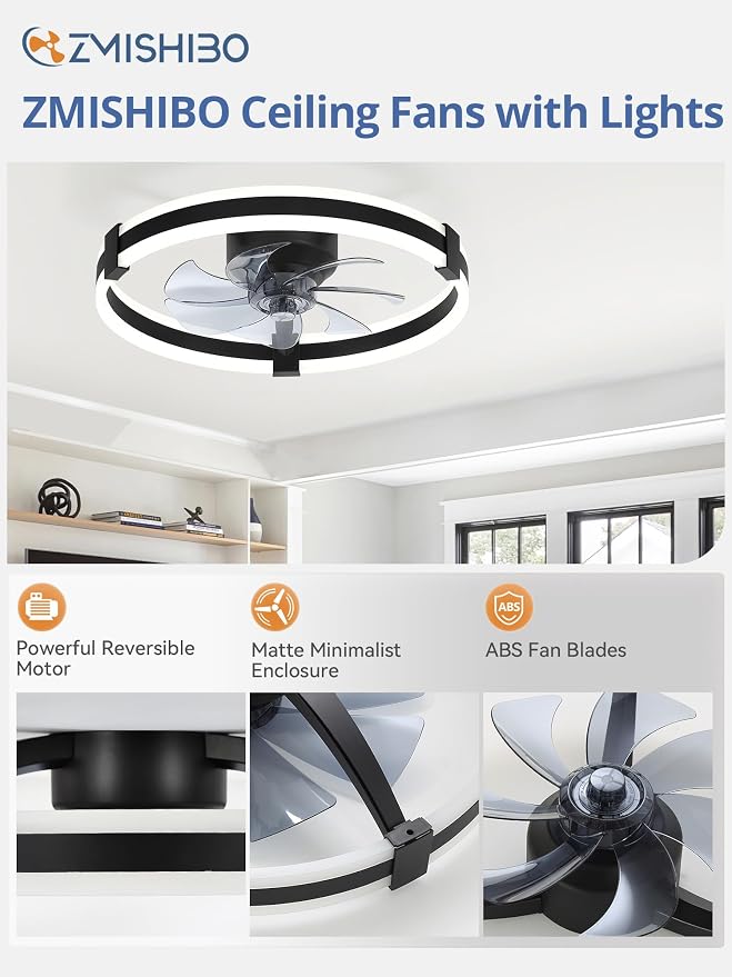 ZMISHIBO 20" Low Profile Fandelier LED Ceiling Fans with Lights and Remote | 3CCT Dimmable, 6 Speeds, Remote/App Control, Reversible DC Motor, Memory, Timer, Small Modern Fandelier for Kids/Bedroom