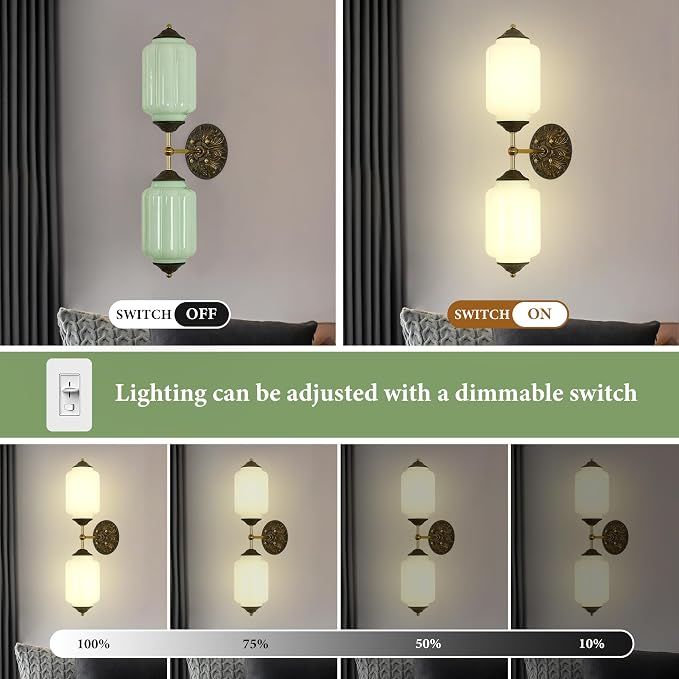 Vintage Green Milk Glass Bathroom Vanity Light - 25" Dimmable Wall Sconce | Mid Century,Vertical or Horizontal Mounted,Antique Brass Gold Lighting Fixture for Bedroom Hallway Decor,E12 Bulb×2 Included