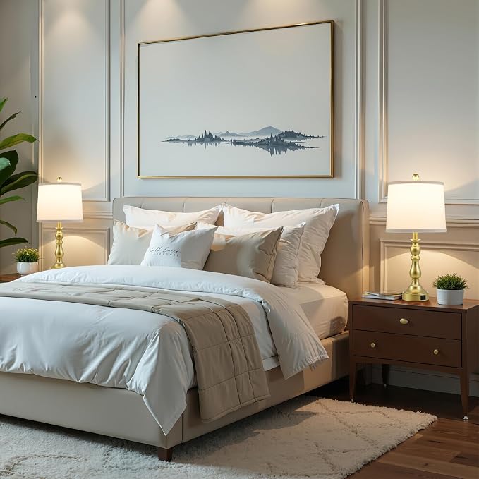 Farmhouse Side Table Lamps for Living Room Set of 2 with USB C+A Ports, Bedside Lamp for Bedroom, Dining Room Decor, Office, End Table, Knob Switch, 3 Color Temperatures, Bulb Included, Gold