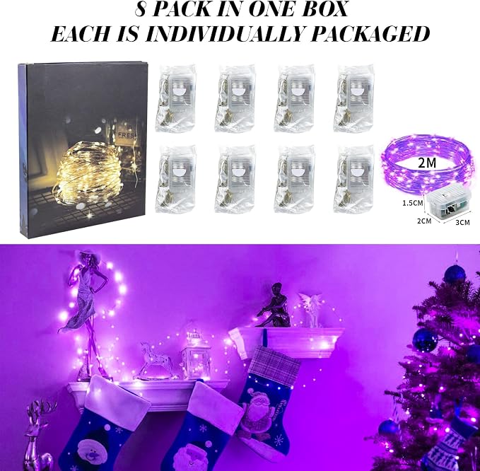 ZGWJ 8 Pack Purple Fairy Lights, Mini String Lights | Battery Operated 7 FT 20 LED Waterproof 3 Modes for DIY, Parties, Wedding, Halloween, Christmas Decoration