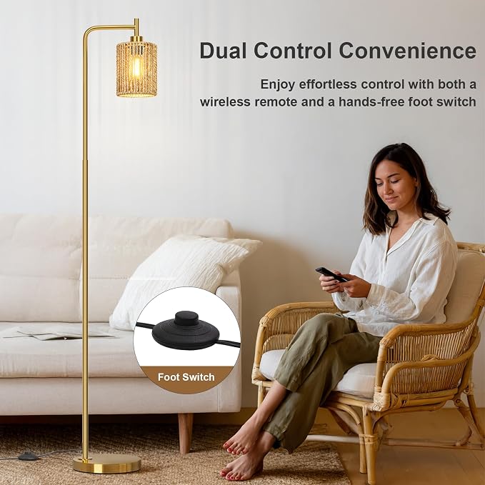 66" Gold Floor Lamp for Living Room, Boho Floor Lamp with Remote Control and LED Bulb, Rattan Shade, Industrial Tall Farmhouse Standing Lamp for Bedroom, Dining Room, Study Room, Office