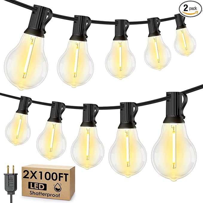 200FT(2x100FT) Outdoor String Lights, 63 A39 Edison Bulbs, Black | Plug in, Dimmer not included, Waterproof, Shatterproof, Extendable, LED Hanging Lamp for Backyard Garden Decor