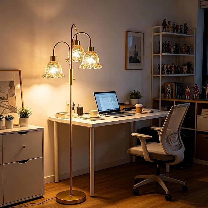 Lightdot 3-Light Glass Floor Lamp for Living Room, 70" Gold Dimmable Standing Tall Lamp with Amber Ribbed Glass Shades &3PCS 3000K Warm White Bulbs, Modern Tree Pole Lamp for Bedroom Home Decor