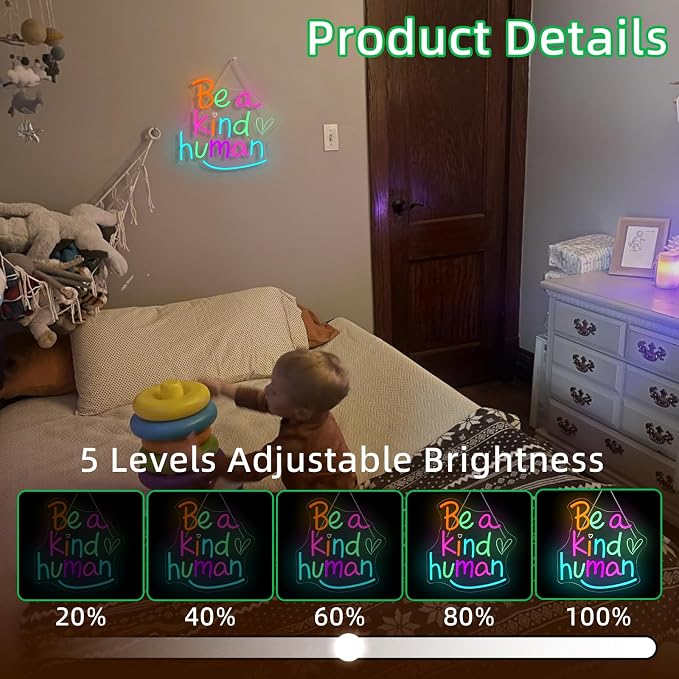 LED Neon Signs for Wall Decor Be a Kind Human Colorful Letter Inspirational Words Neon Light USB Powered Dimmable Light up sign for Bedroom Home Party Gift Class Room Decor
