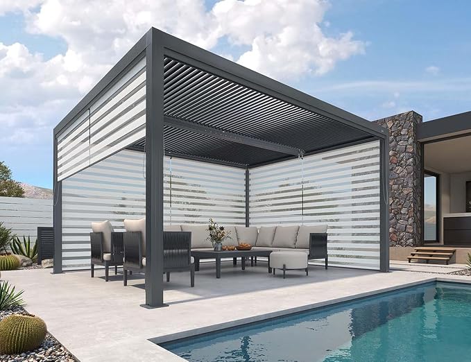 PURPLE LEAF Louvered Pergola 94AS 11' x 14' w/ 1L2W Side Shade Screen Grey | All-Aluminum Rustproof Frame, Two Adjustable Louvered Roofs, Plus Textilene Sunshade With UV Protection, DIY-Friendly Design