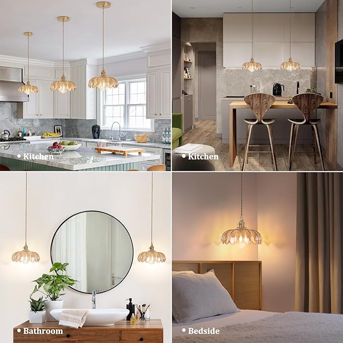 Pendant Light with Amber Scindapsus Glass Lmapshade, Brass Vintage Pendant Light Adjustable Hanging Light for Kitchen Island Dining Room Hallway