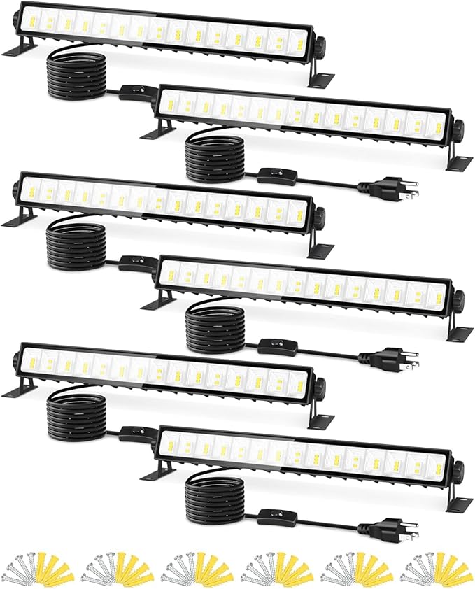 IP66 Waterproof 45W LED Shop Lights, 5400LM 6000K Daylight White Garage Light with 6FT Power Cord & Switch, Plug in LED Work Light for Garage, Workshop, Warehouses, Basement, Yard, 6 Pack