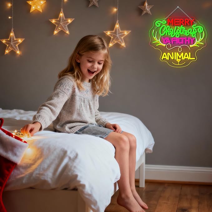 Merry Christmas LED Neon Sign Christmas Deer Light for Grinch Decoration | 14.33IN*12.6IN,Merry Christmas Ya Filthy Animal,Five level brightness adjustment,USB power,For Bar,Club,Pub,Home,Party