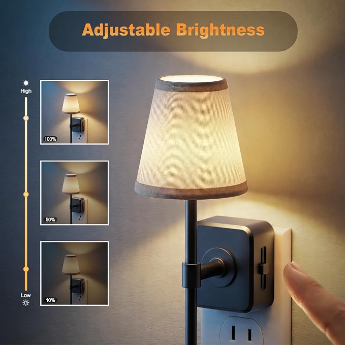 JandCase Night Lights Plug into Wall, 2 Pack Vintage Nightlights | Dusk to Dawn Sensor, 0-100LM Dimmable, Pleated Fabric Beige Lamp for Living Room Bedroom Hallway