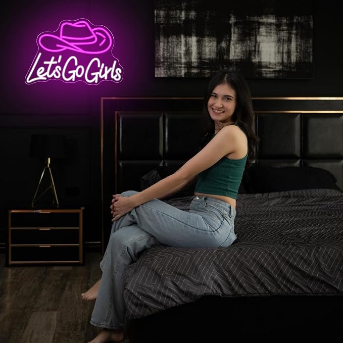 Let's Go Girls Neon Sign Pink White Cowboy Hat Neon Signs Letter Led Light up Cowboy Hat Neon Sign for Wall Decor Dimmable USB Powered for Cowboy Bar Bedroom, Livingroom Christmas Birthday