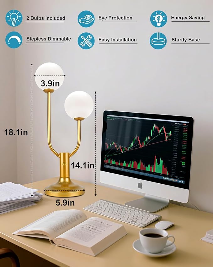 Globe Gold Table Lamp for Bedroom Gift Dimmable G9 Bulbs Included | Modern Round Ball Lamp Nightstand Desk Lamp Warmwhite Ambient Night Light Bedside Lamps for Living Room Party Home Decor Gift