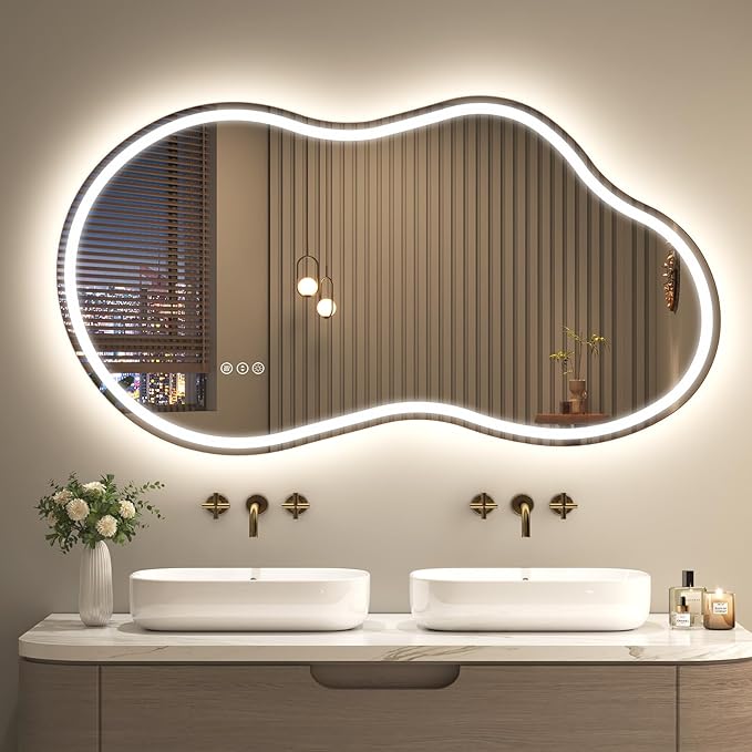 SMIROR 48x26 Irregular Led Lighted Bathroom Vanity Mirror | Asymmetrical, Cloud Shape, Front lighted + Backlit, Anti-Fog, 3 Colors, Dimmable, Memory, Tempered Glass, UL