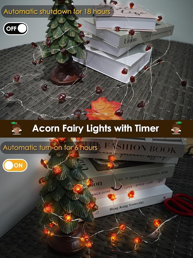 EXF Fall Decor Acorn Fairy Lights Battery Operated with Remote 10FT 30 LED | 8 Modes & Timer, IP44 Waterproof Halloween Twinkle String Lights for Indoor Outdoor Autumn Harvest Thanksgiving Day Decor