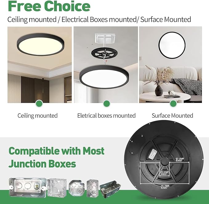 15.8Inch 6PK Black LED Flush Mount Ceiling Light, 32W, 3480LM, 3CCT | 3000K/4000K/6000K CCT Selectable, Black Close to Ceiling Round Flat Panel Light, Super Slim LED Ceiling Light for Bedroom