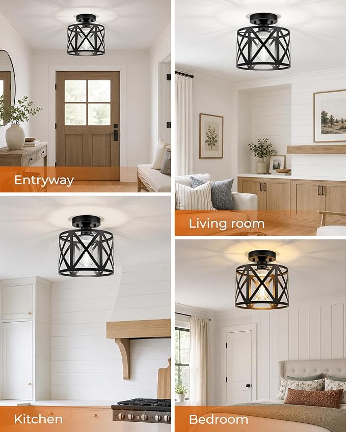 Farmhouse Semi Flush Mount Ceiling Light Fixture E26 Metal Cage Industrial Ceiling Lighting for Kitchen, Bedroom, Foyer, Entryway, Laundry Room, Dining Room, Hallway 8 Inch Black