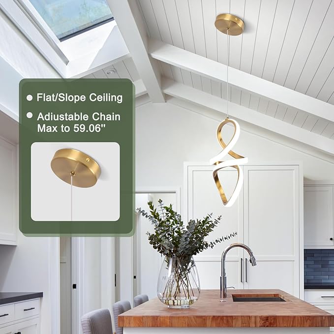 6000K Modern LED Pendant Lights, 22W LED Pendant Lights Kitchen Island Lighting, Gold Adjustable Height Hanging Light Fixture for Kitchen Study Corridor Dining Room, 1 Pack