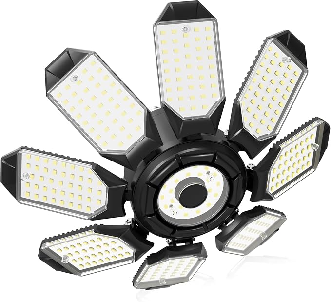 LED Garage Lights, Ultra Brighter 14000LM 6500K Garage Lighting | LED Garage Ceiling Lights w/ 8 Adjustable Panels, Deformable Garage Light Bulb Screw in E26 Socket for Basement Shop Attic