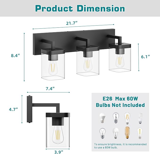 Bathroom Lighting Fixtures Over Mirror, Square Design & Rectangle Large Backplate, 3 Lights Morden Vanity Lighting Fixtures, Bathroom Light Fixtures for Bathroom/Living Room/Bedroom, Black