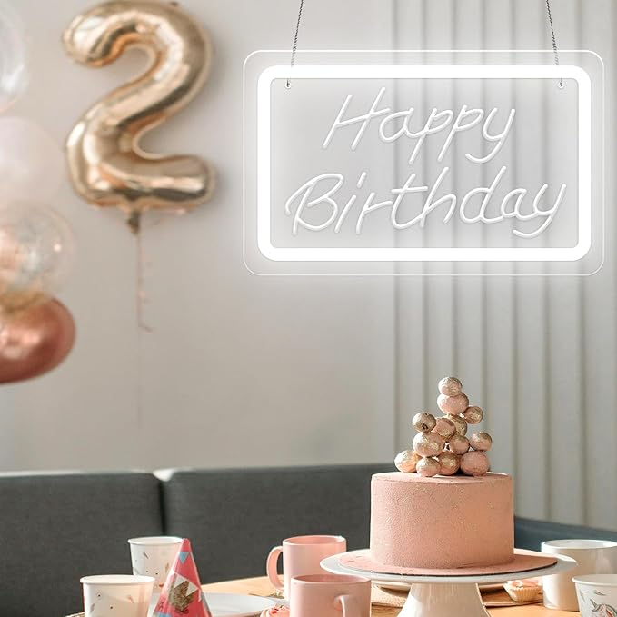Happy Birthday LED Neon Sign – White Dimmable Neon Light, USB Powered Wall Decor for Party Backdrop, Bachelorette Party Decor, Ideal Christmas Gift & Birthday Gift
