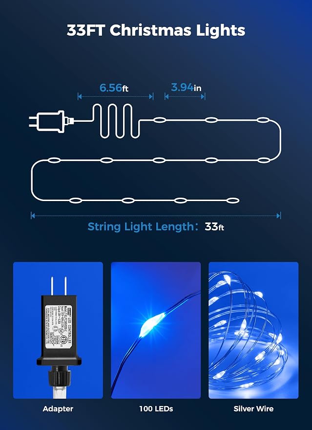 Minetom Fairy Lights Plug in, 33Ft 100 LEDs Waterproof Silver Wire Firefly Lights, Adaptor Included, Starry String Lights for Wedding Indoor Outdoor Christmas Patio Ramadan Decorations, Blue