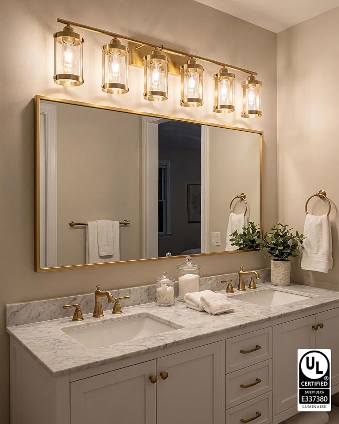6-Light Brushed Gold Bathroom Light Fixtures Over Mirror with Clear Glass and Metal Cage Shade, 42" UL-Listed Modern Farmhouse Wall Sconce for Bath, Hardwire E26, OS-3014BG-6W