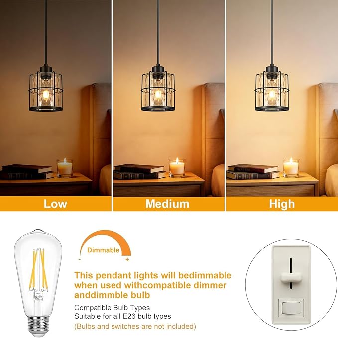 Black Pendant Lights Kitchen Island, Modern Pendant Light Fixtures Set of 2 with Hammered Glass, Industrial Hanging Pendant Lights for Kitchen Island Dining Room Bedroom Entryway,90° Angle Compatible