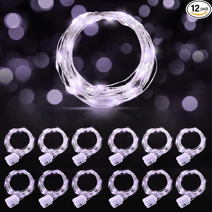 AIKEI 12 Pack Led Fairy Lights Battery Operated String Lights Waterproof Silver Wire 7 Feet 20 Led Firefly Starry Moon Lights for DIY Wedding Party Bedroom Patio Christmas (12 Pack, White)